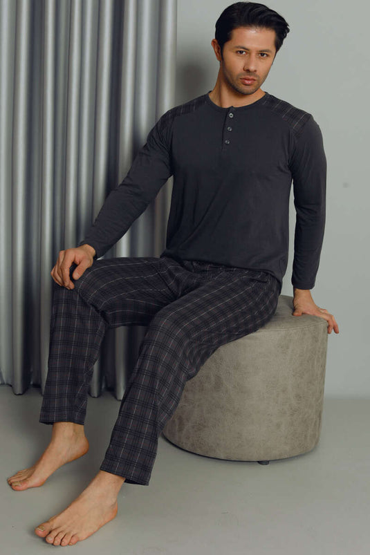 Ensemble Pyjama Homme Manches Longues à Carreaux Demi Boutonné Anthracite