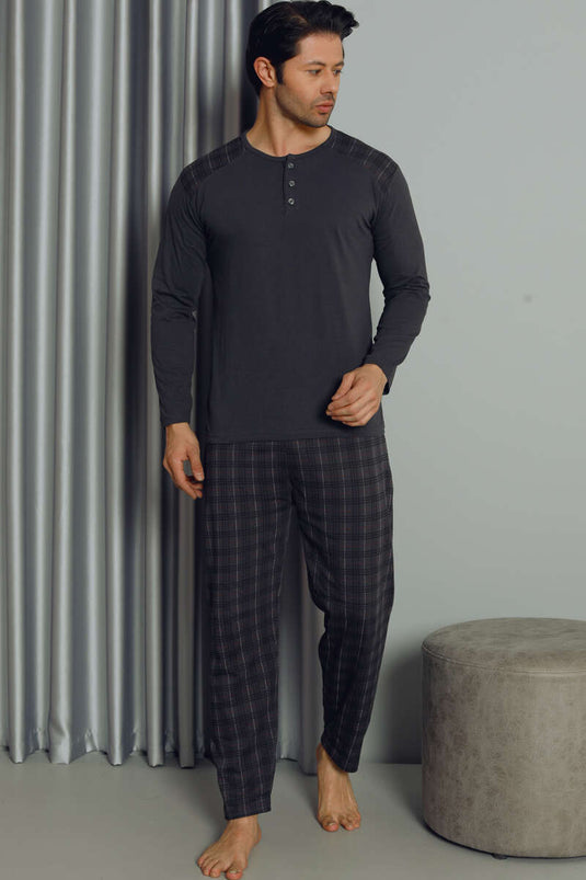 Ensemble Pyjama Homme Manches Longues à Carreaux Demi Boutonné Anthracite