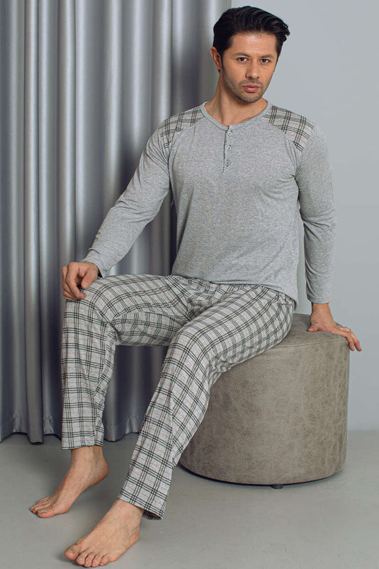 Ensemble de pyjama pour hommes à manches longues et à carreaux demi-boutonnés gris