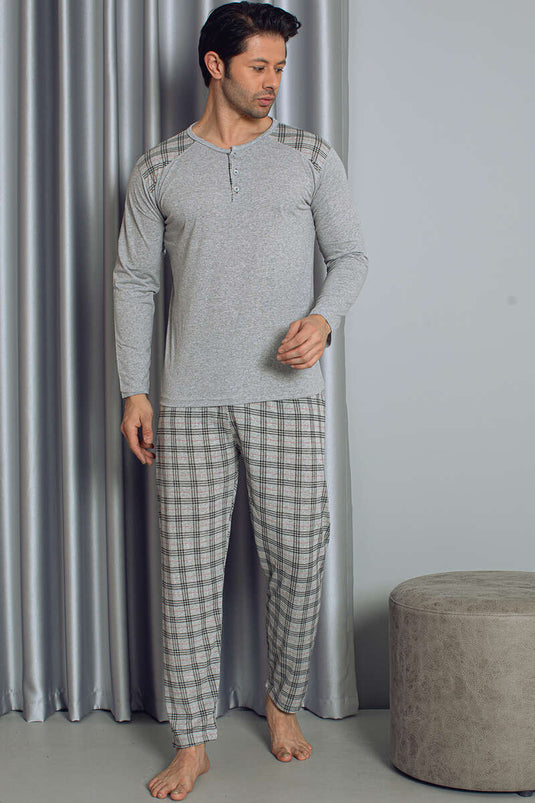 Ensemble de pyjama pour hommes à manches longues et à carreaux demi-boutonnés gris