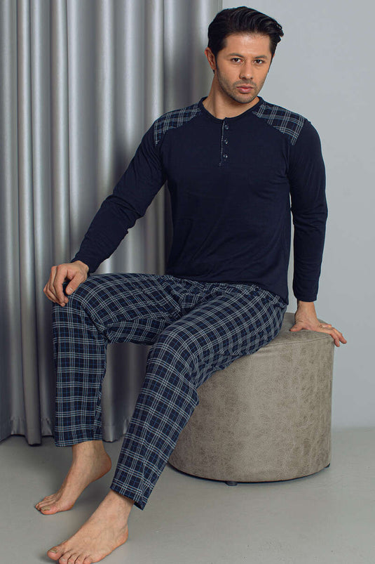 Ensemble de pyjama pour hommes à manches longues et à carreaux demi-boutonnés bleu marine