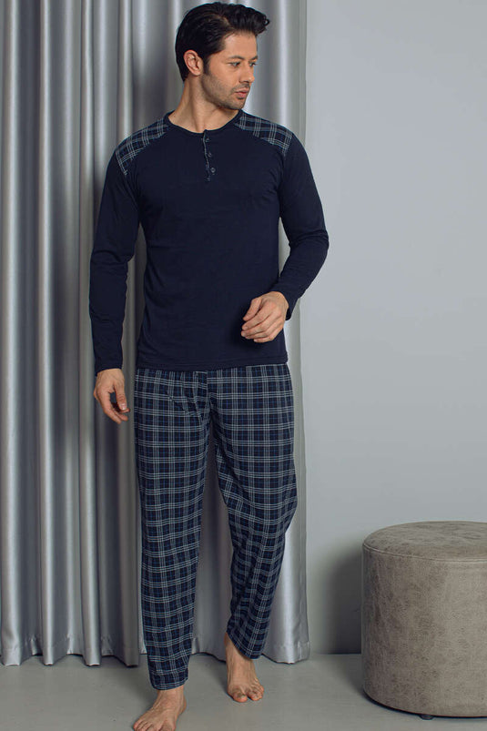 Halb geknöpftes langärmliges Herren-Pyjama-Set mit Karomuster in Marineblau