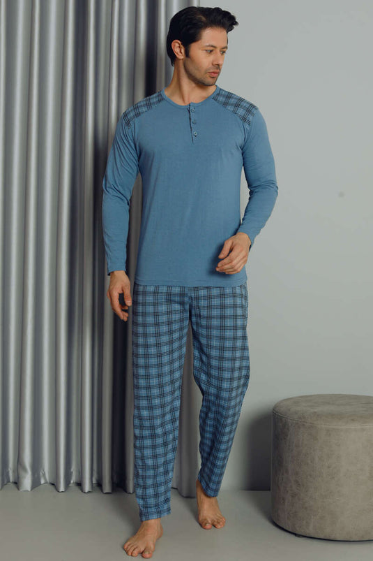 Ensemble de pyjama pour hommes à manches longues et à carreaux demi-boutonnés bleu