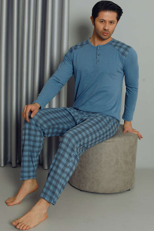 Ensemble de pyjama pour hommes à manches longues et à carreaux demi-boutonnés bleu