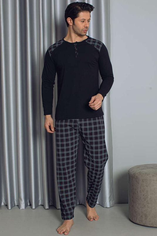 Halb geknöpftes langärmliges Herren-Pyjama-Set mit Karomuster in Schwarz