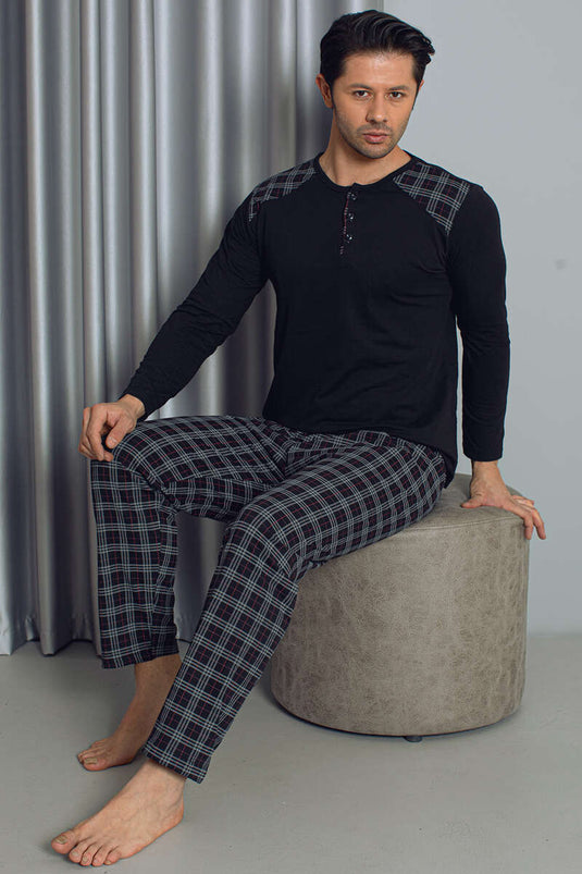 Halb geknöpftes langärmliges Herren-Pyjama-Set mit Karomuster in Schwarz