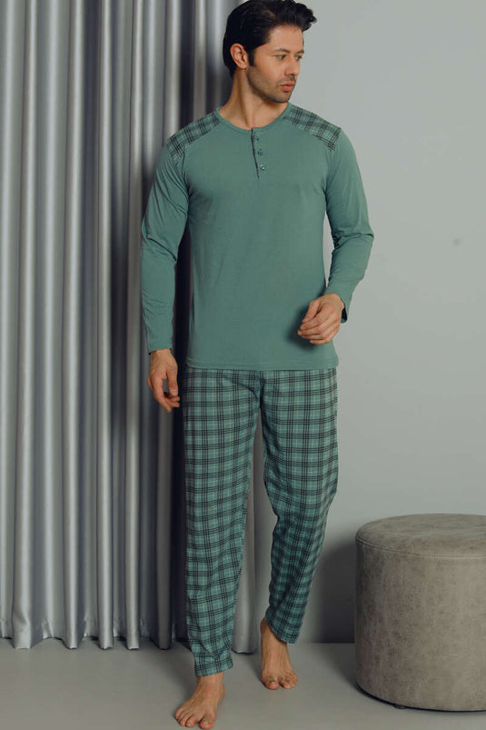 Ensemble de pyjama pour hommes à manches longues et à carreaux demi-boutonnés vert