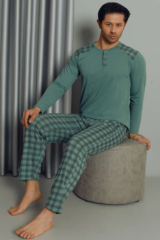 Ensemble de pyjama pour hommes à manches longues et à carreaux demi-boutonnés vert