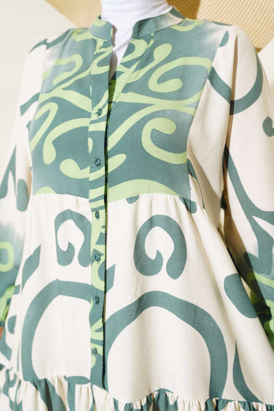 Robe de Sol à Motif Ethnique Demi Bouton Vert Persan