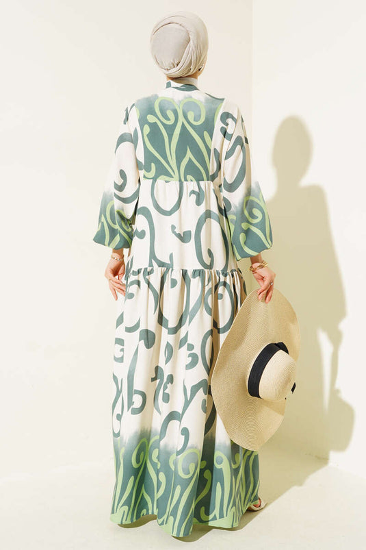 Robe de Sol à Motif Ethnique Demi Bouton Vert Persan