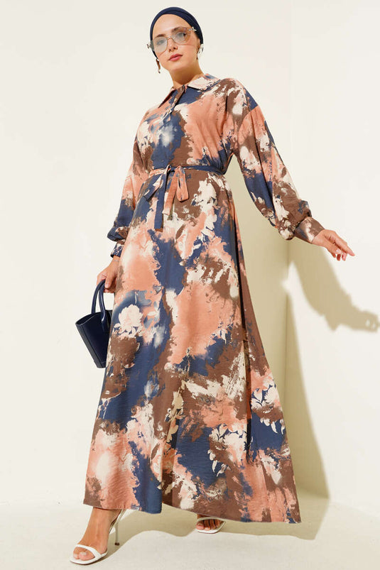 Kleid mit halben Knöpfen und Pinselmuster, Altrosa