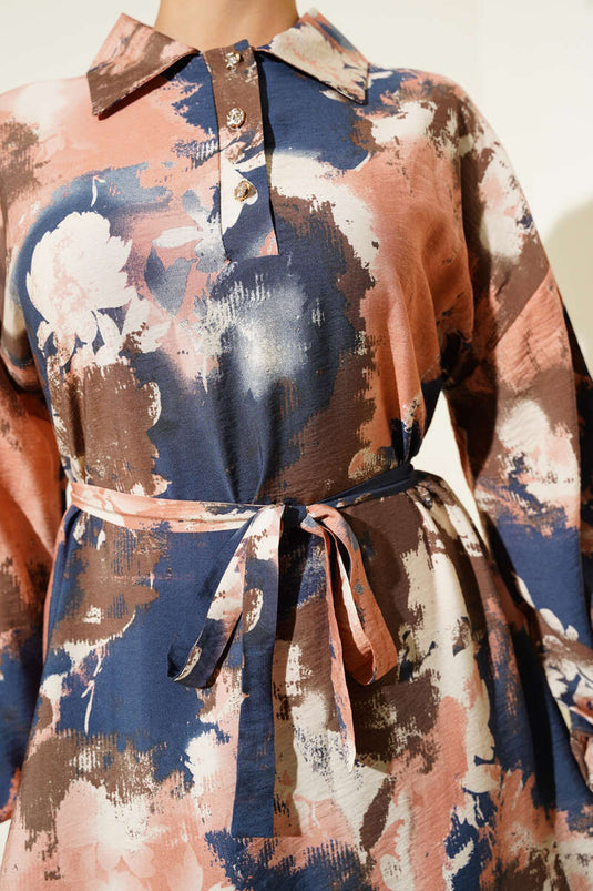 Kleid mit halben Knöpfen und Pinselmuster, Altrosa