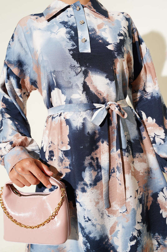 Mezzo bottone con motivo a pennello, blu vestito