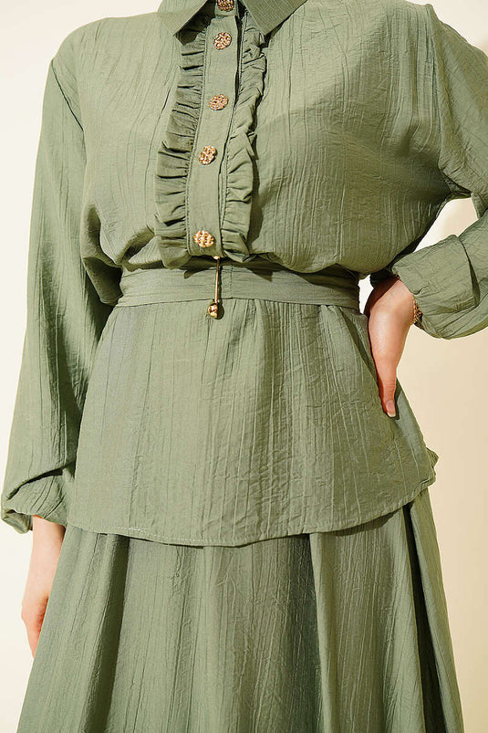 Two-Piece Set with Half Buttons and Ruffled Skirt in Pistachio Green