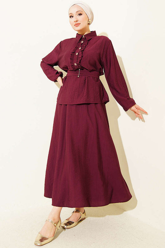 Two-Piece Set with Half-Button and Ruffled Skirt in Burgundy