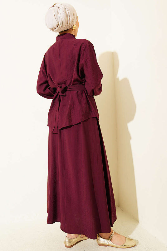 Two-Piece Set with Half-Button and Ruffled Skirt in Burgundy