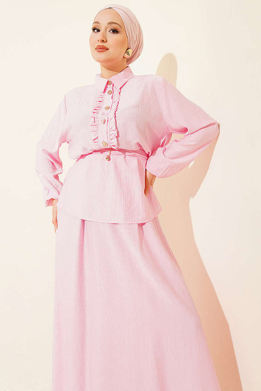 Two-Piece Set with Half-Button and Ruffled Skirt Pink