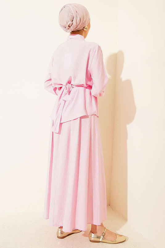 Two-Piece Set with Half-Button and Ruffled Skirt Pink