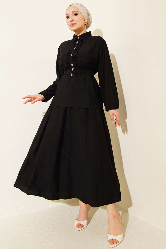 Two-Piece Set with Half-Button and Ruffled Skirt Black