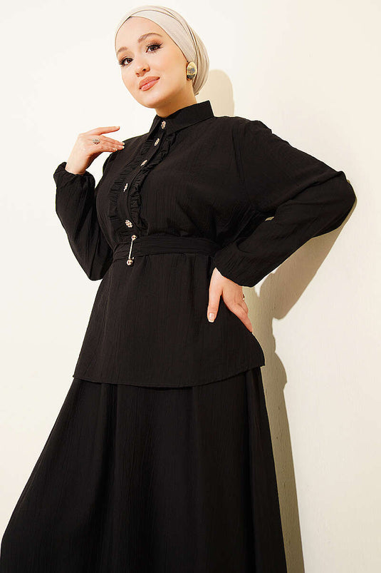 Two-Piece Set with Half-Button and Ruffled Skirt Black