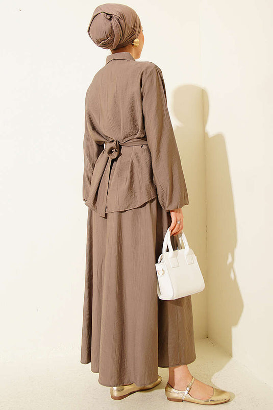 Two-Piece Set with Half-Button and Ruffled Skirt in Taupe