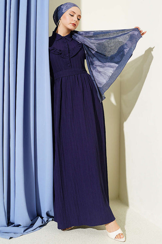 Navy Blue Half-Button Ruffled Crinkle Dress