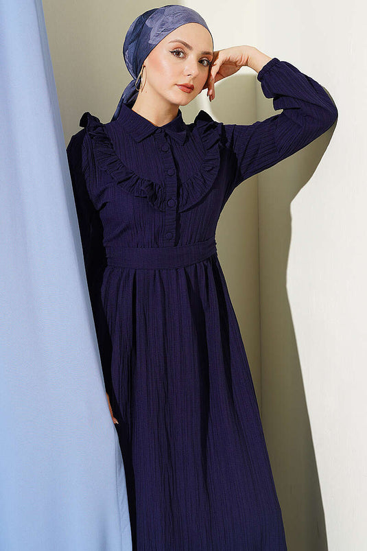Navy Blue Half-Button Ruffled Crinkle Dress