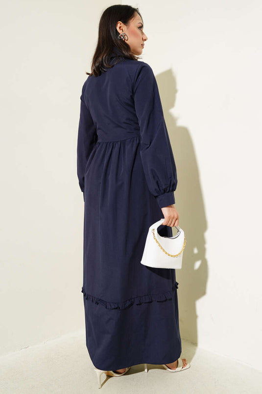 Yarım Düğmeli Fırfırlı Yandan Bağlamalı Elbise Lacivert