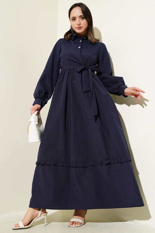 Yarım Düğmeli Fırfırlı Yandan Bağlamalı Elbise Lacivert