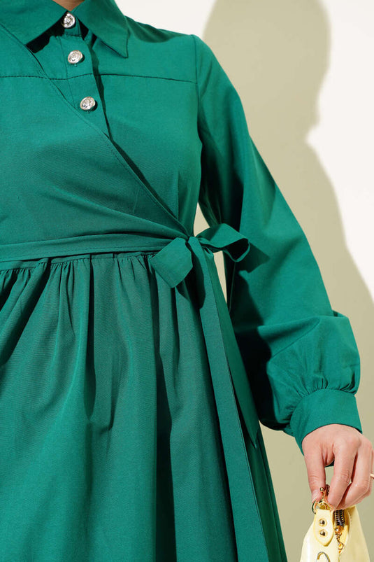 Half Buttoned Ruffle Side Tie Dress Green