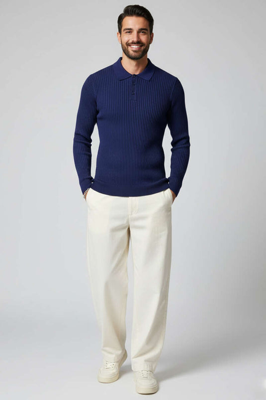 كنزة رجالية مضلعة بنصف أزرار، لون أزرق داكن