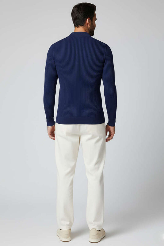 كنزة رجالية مضلعة بنصف أزرار، لون أزرق داكن