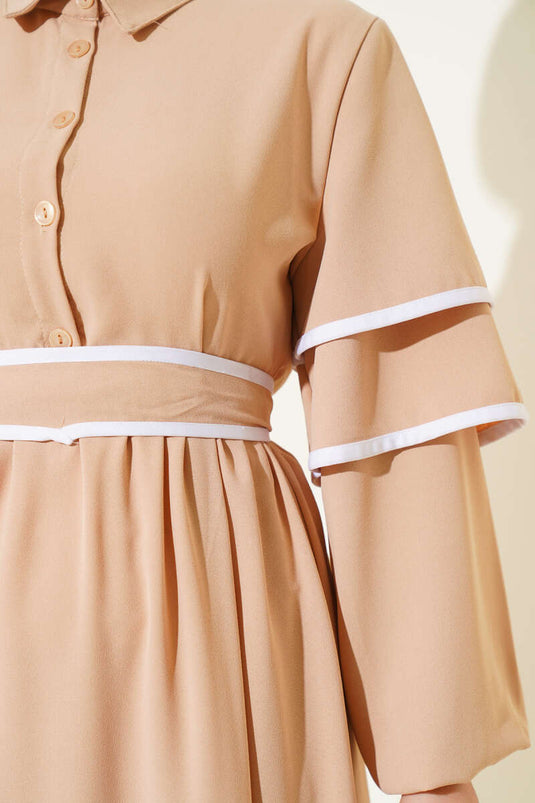Yarım Düğmeli Garnili Kuşaklı Elbise Bej