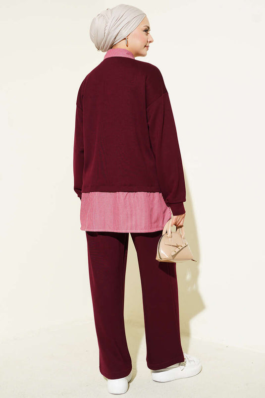 Half-Buttoned Trimmed Set Burgundy