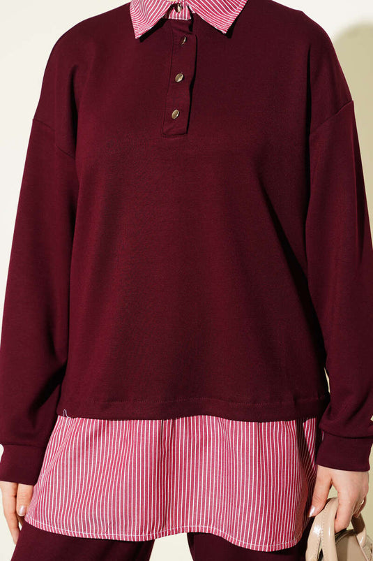 Half-Buttoned Trimmed Set Burgundy