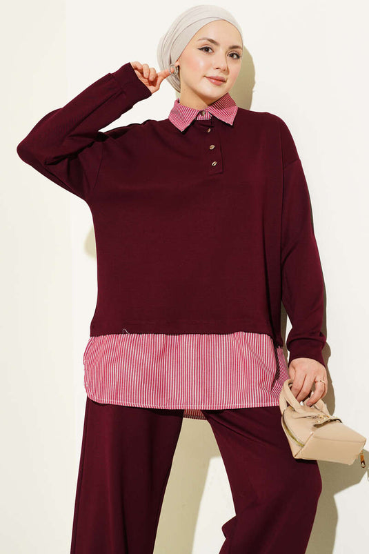 Half-Buttoned Trimmed Set Burgundy