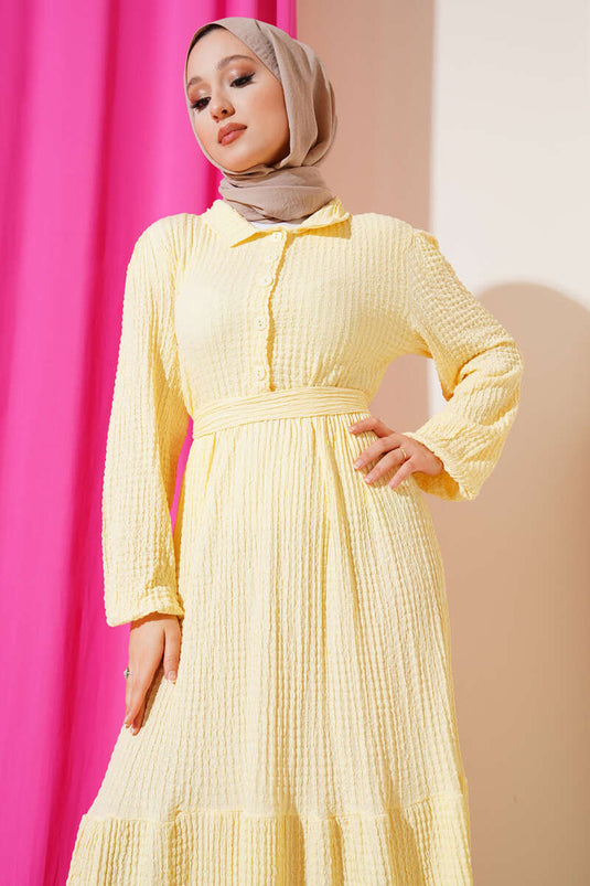 Seersucker-Kleid mit halben Knöpfen Gelb