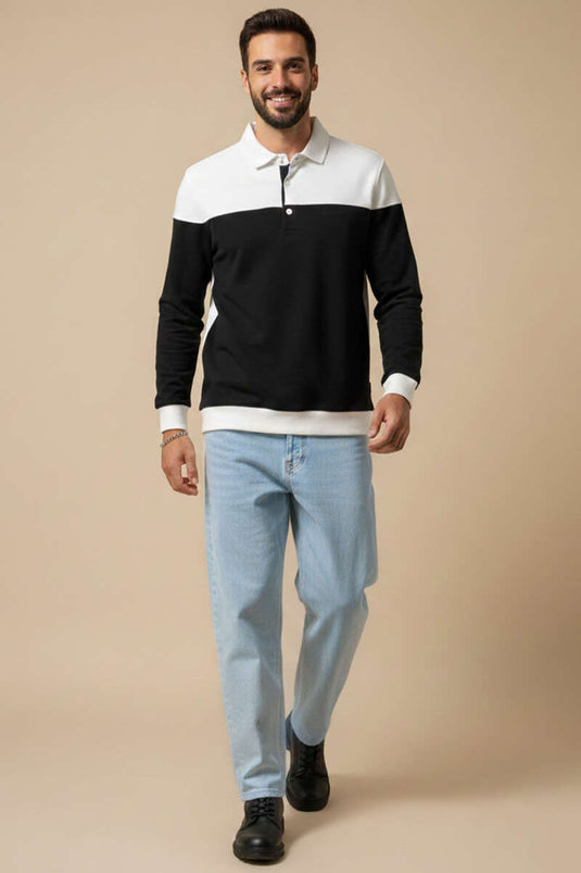 سويت شيرت رجالي بياقة قميص وأزرار نصفية أبيض