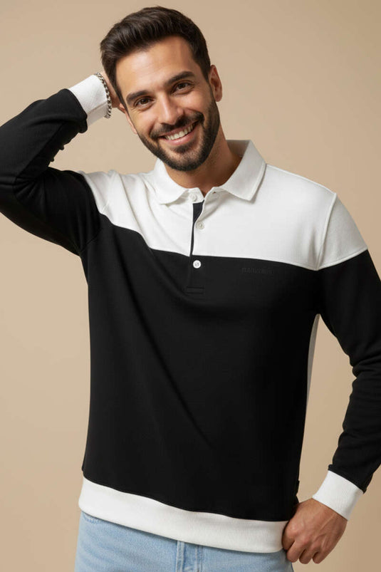 Half-Button Shirt Collar Men's Sweatshirt White