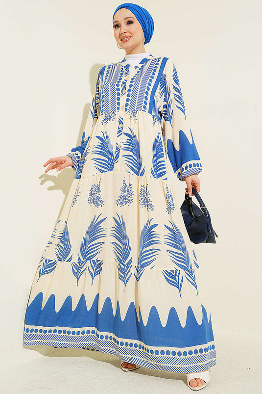Robe à col officier à demi-boutons avec motif bleu