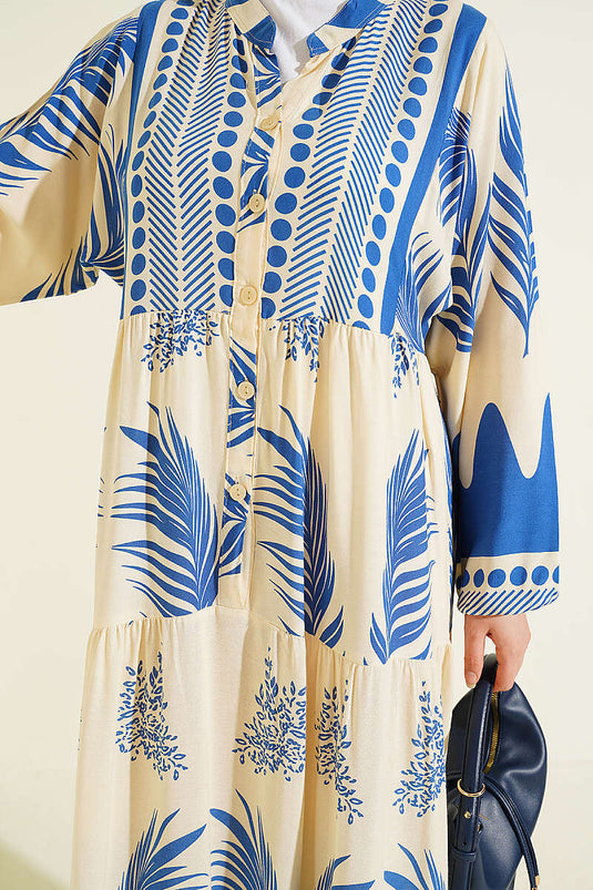 Robe à col officier à demi-boutons avec motif bleu