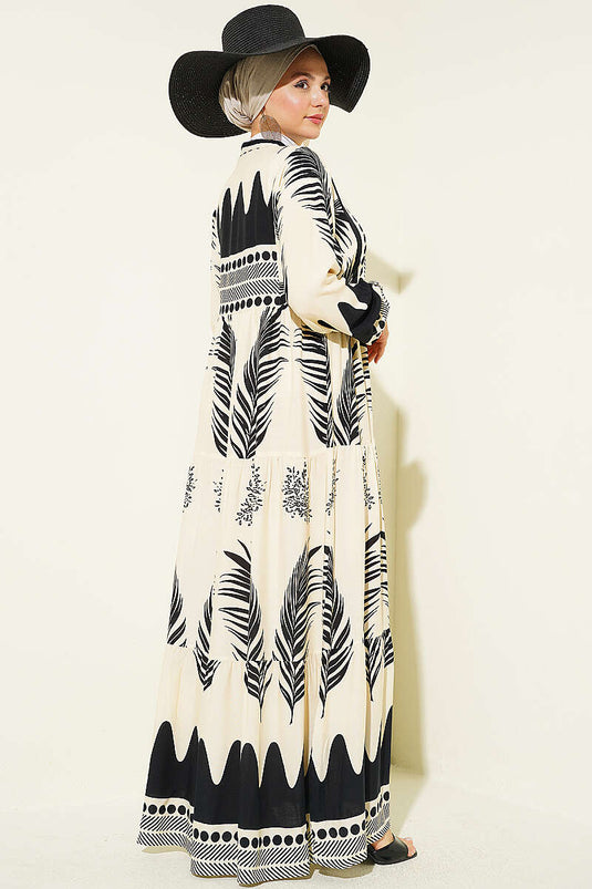 Robe à col officier à demi-boutons avec motif, noire