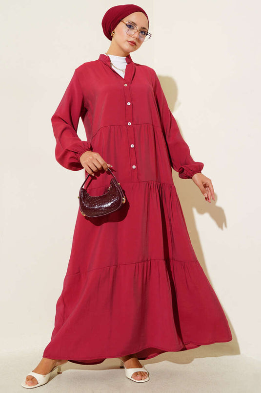 Yarım Düğmeli Hakim Yaka Kat Elbise Bordo