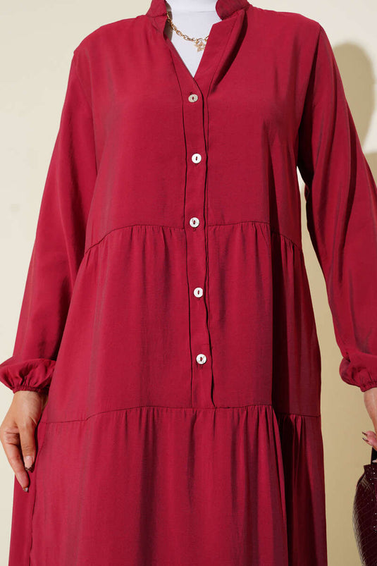 Yarım Düğmeli Hakim Yaka Kat Elbise Bordo