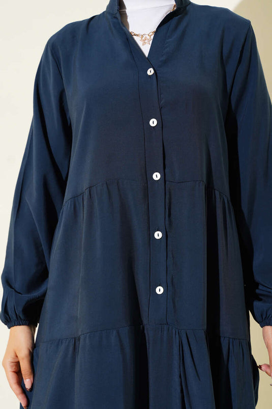 Robe longue à col officier avec demi-boutons bleu marine