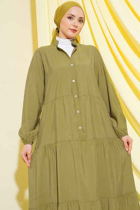 Robe longue à col officier avec demi-boutons, vert olive