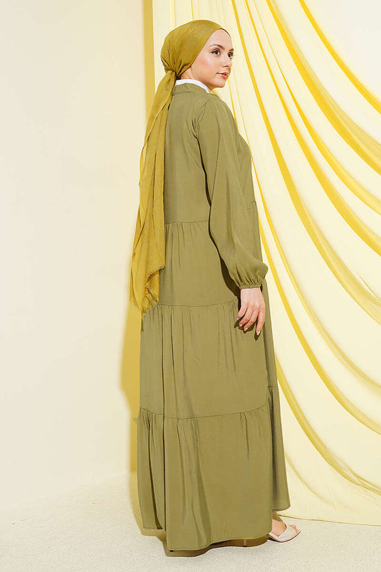 Robe longue à col officier avec demi-boutons, vert olive