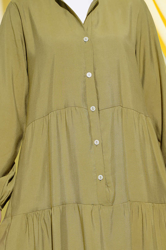 Robe longue à col officier avec demi-boutons, vert olive