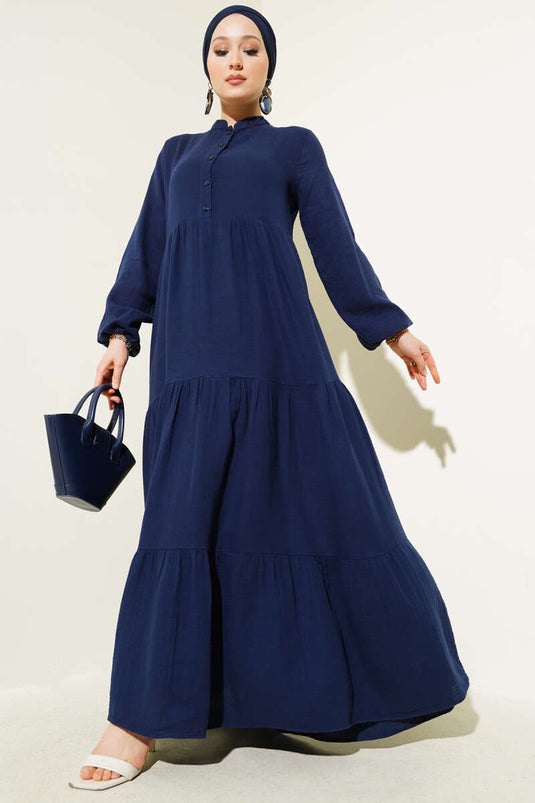 Robe en mousseline à col mandarin à demi-bouton bleu marine