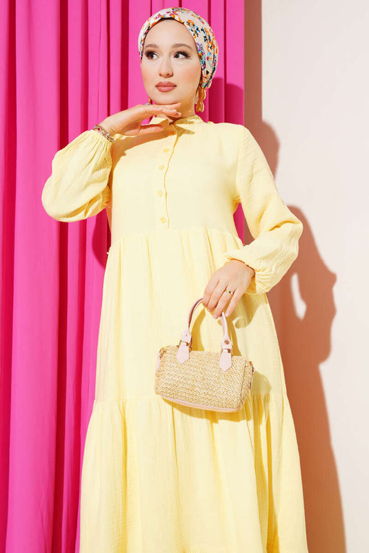 Yarım Düğmeli Hakim Yaka Müslin Elbise Sarı